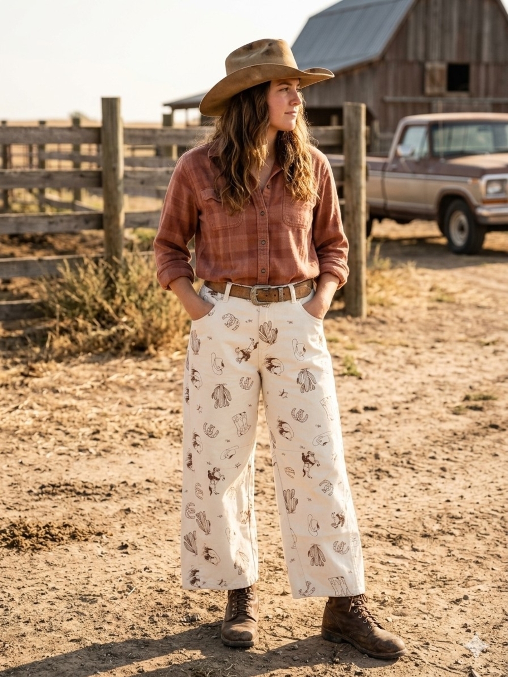 Cali 1850 Barrell Cream Pants with Brown Western Print